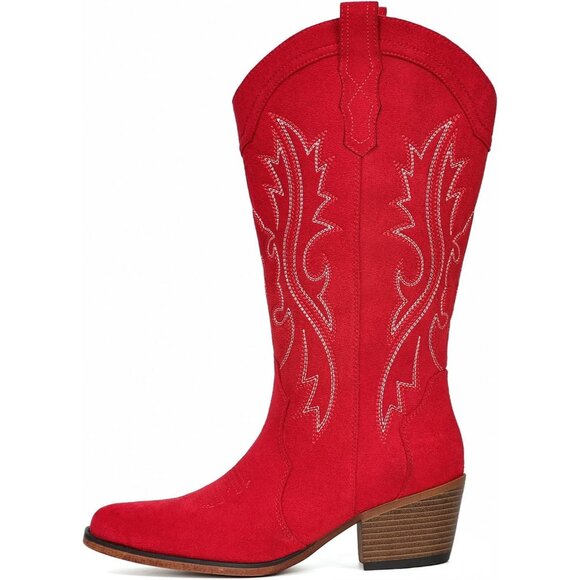 Women's Elegance Embroidery Red Chunky Heel Mid Calf Snip Toe Western Boots - Picture 5 of 6